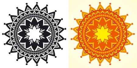 Decorative vector sun-shaped rosettes in black-and-white and color. のイラスト素材