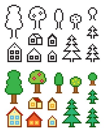 Pixel-art homes and treesのイラスト素材