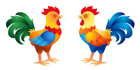 Two stylized roosters. Vector illustrationのイラスト素材