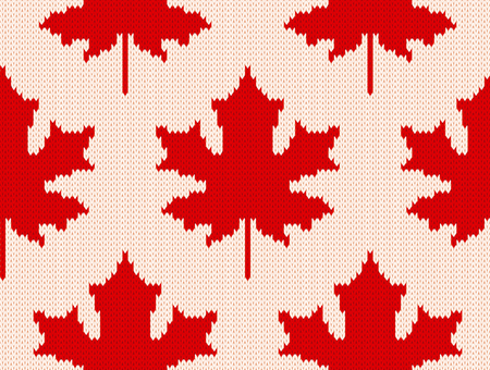 Seamless knitting pattern with red maple leaves on white background.のイラスト素材