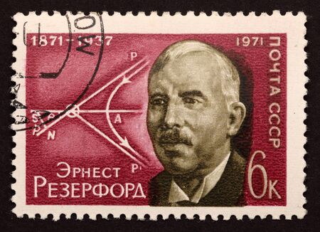 USSR postage stamp \"\"Ernest Rutherford. Scheme of diffusion of alpha particles (Rutherford experience)\"1971 year. Ernest Rutherford, 1st Baron Rutherford of Nelson, (1871  1937) was a New Zealand-born British chemist and physicist who became known as のeditorial素材