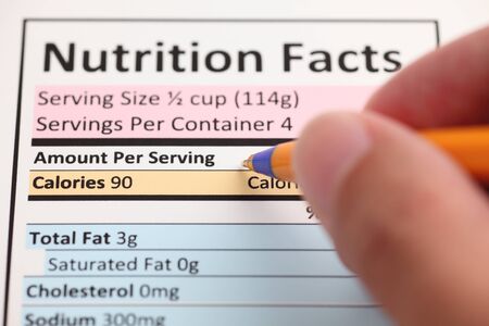 Nutrition Facts and hand with ballpoint pen. Close-up.の写真素材