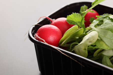 Fresh red radish with green leafy tops in black plastic container on grey background.の写真素材