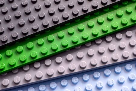 Tambov, Russian Federation - February 20, 2015 Four Lego baseplate - gray, green, light gray and blue. Studio shot.のeditorial素材