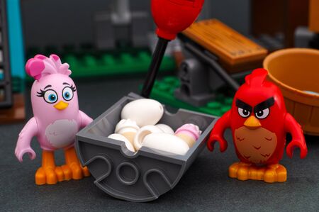 Tambov, Russian Federation - April 14, 2016 Lego Angry Birds Red and Stella standing near bin with eggs and ice cream in Pig City. Studio shot.のeditorial素材