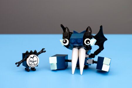 Tambov, Russian Federation - March 08, 2015 Lego Mixel Vampos and his friend on blue background. Studio shot.のeditorial素材