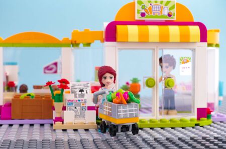 Tambov, Russian Federation - February 15, 2016 Lego girl with trolley of food came out from supermarket. Focus on trolley. Studio shot.のeditorial素材