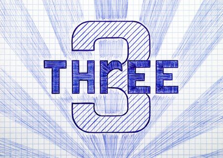 Number Three on the sheet of checkered paper. Doodle style.の写真素材