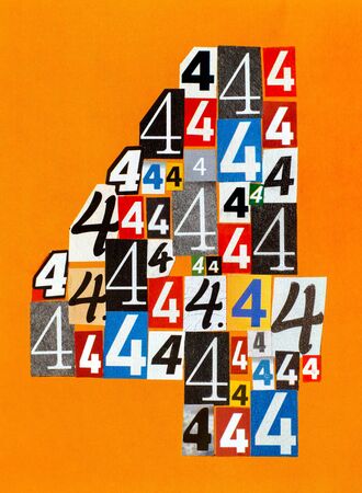 Number Four made from numbers cutting from magazines on orange background. Close-up.