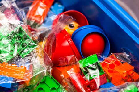 Tambov, Russian Federation - August 21, 2011 New Lego Duplo Education set with blocks, bricks, toys and ball in blue box. Close-up. Studio shot.のeditorial素材