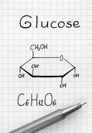 Chemical formula of Glucose with black pen. Close-up.の写真素材