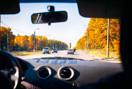 Tambov, Russian Federation - October 11, 2017 View of the route through the front glass of the car.のeditorial素材