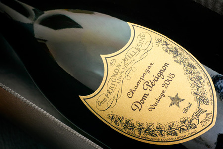 Tambov, Russian Federation - August 16, 2018 Close-up of Bottle of Champagne Dom Perignon Vintage 2005 in its box. Studio shot.のeditorial素材