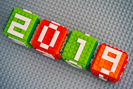 Tambov, Russian Federation - September 02, 2018 New year 2019 concept. Lego cubes with numbers 2019...