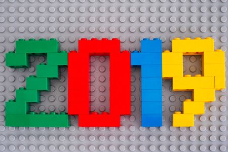 Tambov, Russian Federation - September 02, 2018 Numbers 2019 made by Lego blocks on Lego gray background. Studio shot.のeditorial素材