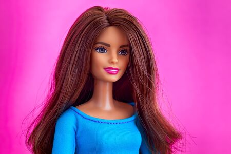 Tambov, Russian Federation - November 27, 2018 Portrait of Barbie doll with brown hair against pink...