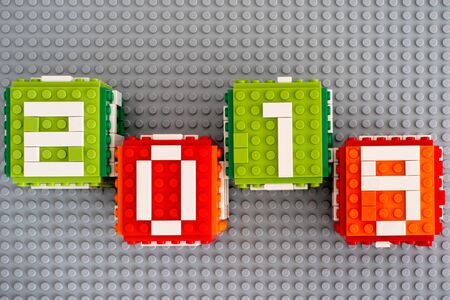 Tambov, Russian Federation - September 02, 2018 Four Lego cubes with numbers 2019 on gray baseplate...