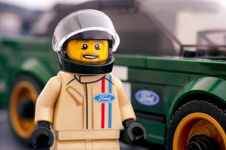 Tambov, Russian Federation - July 02, 2019 Lego 1968 Ford Mustang Fastback driver minifigure by LEGO...