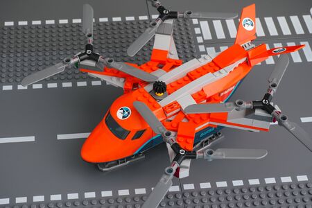 Tambov, Russian Federation - January 20, 2020 Lego heavy-duty quadrocopter with 4 spinning rotors on...