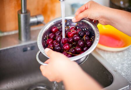 Woman hands washing cherries in colander in kitchen sink. Close-up.の写真素材