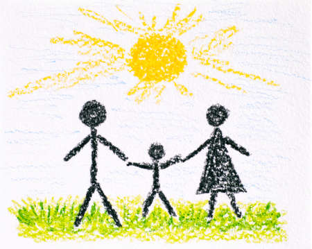 Family - Mother, Father and son. Child hand drawing made by wax crayon.の写真素材