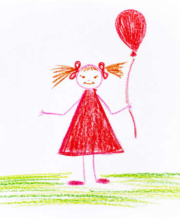 Child hand drawing Girl with red balloon made by wax crayon.の写真素材