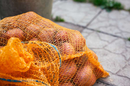 Orange bag with potatoes in it outdoors.