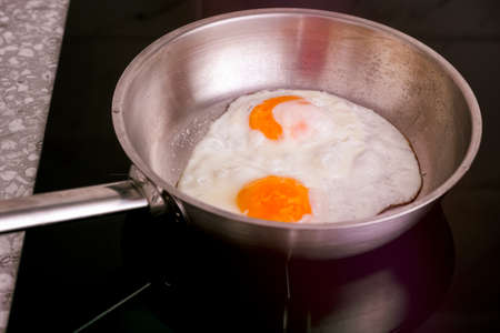 Two eggs in frying pan cooking on induction hob. Close-upの写真素材