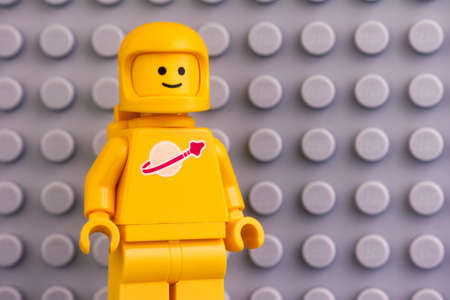 Tambov, Russian Federation - June 04, 2020 Lego Kenny astronaut minifigure against gray baseplate background.のeditorial素材