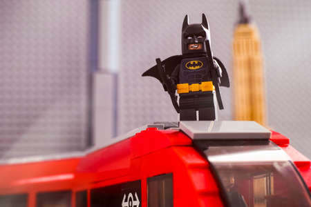 Tambov, Russian Federation - March 03, 2021 Lego Batman on the top of train in cityのeditorial素材