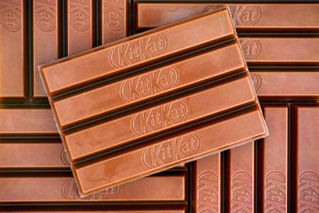 Tambov, Russian Federation - March 19, 2021 Five KitKat chocolate bars. Full frame.