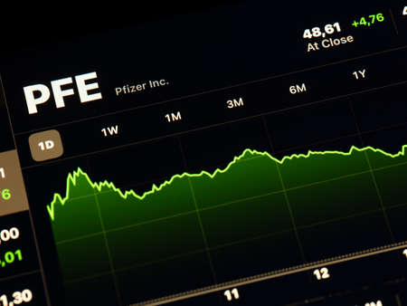 Tambov, Russian Federation - November 06, 2021 Pfizer Inc. ticker stock on the screen of an iPad. Pfizer Inc. is an American multinational pharmaceutical and biotechnology corporationのeditorial素材