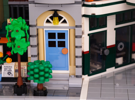 Tambov, Russian Federation - January 03, 2022 A Blue Lego door to a house on an empty streetのeditorial素材