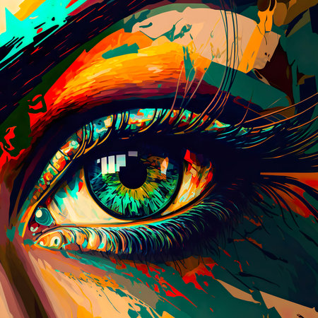 A rainbow closeup image of a womans eye. Illustration created with Generative AI.の素材