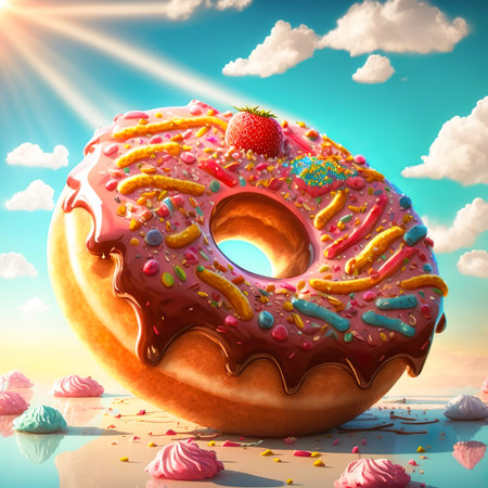 A big strawberry donut with sprinkles against sunny sky background. Created with Generative AI.の素材