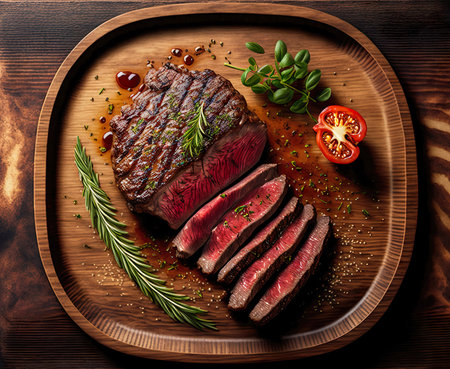 Delicious grilled beef steak medium rare with rosemary, tomato, salt and pepper on a wooden plateの素材