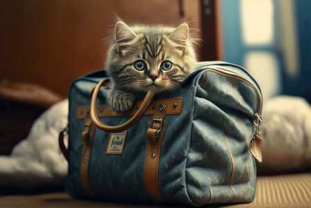 A tabby cat sitting in a blue travel bag. Created with Generative AI.の素材