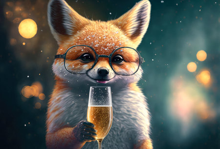 Portrait of a cute fox in glasses holding a glass of champagne. Created with Generative AI.の素材