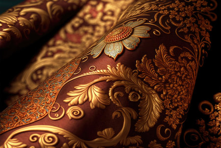 Brocade. A close-up of dense brown silk fabric with golden ornaments. Created with Generative AI.の素材