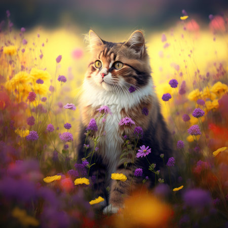 Cute calico cat sitting in a field of purple and yellow flowers. Created with Generative AI.の素材