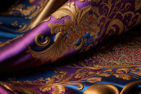 Brocade. A close-up of dense purple blue silk fabric with golden floral ornaments. Created with Generative AI.の素材