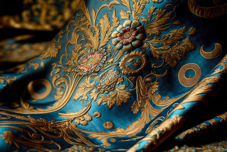 Brocade. A close-up of dense bright blue silk fabric with golden floral ornaments. Created with Generative AI.の素材
