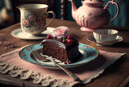 A piece of chocolate cake chocolate covered decorating berries and flower on an elegance plate with fork on a table with a teapot and cups. Created with Generative AI.の素材