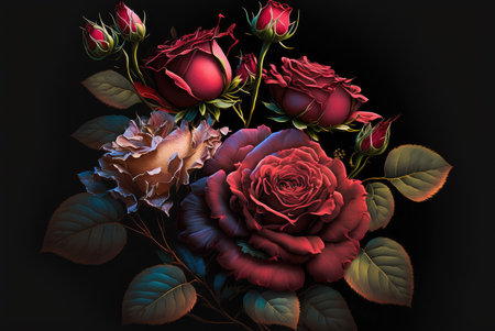 An illustration of a red roses on black background. Created with Generative AI.の素材