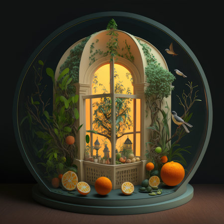 Spherical diorama of an orangery with trees and oranges around it. Created with Generative AI.の素材