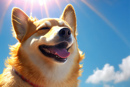 Portrait of a happy Welsh Corgi dog against a blue summer sky. Created with Generative AI.の素材