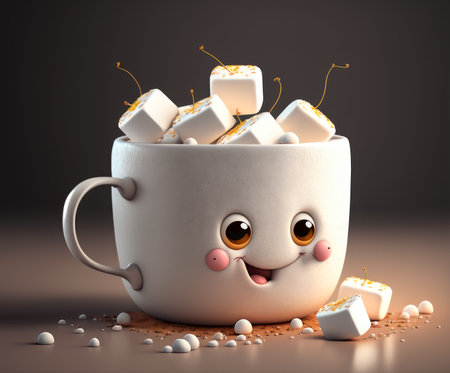 Happy white cup of hot chocolate with marshmallows in it on a gray background. Created with Generative AI.の素材