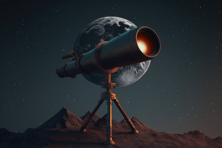 A telescope on tripod standing on the ground against a big planet on starry sky. Created with Generative AI.の素材