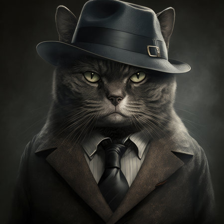 A portrait of a serious cat in black hat, tie and coat. Created with Generative AI.の素材