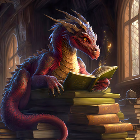 A red dragon laying on a pile of books in a library and reading a book. Created with Generative AI.の素材